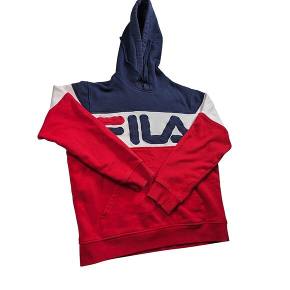 FILA Hoodie Women Medium Colorblock Pullover Red Blue Big Logo Sweatshirt Preppy - Picture 3 of 12